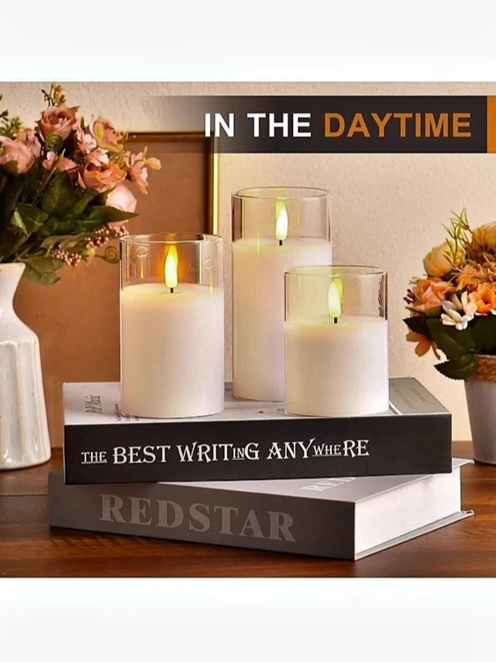 Glass Battery Operated LED Flameless Candles with Remote and Timer, Real Wax Can